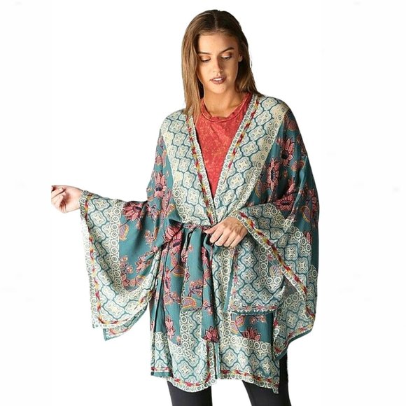 Bohemian Floral Waist-Tie Handkerchief Wrap Kimono - Picture 8 of 14